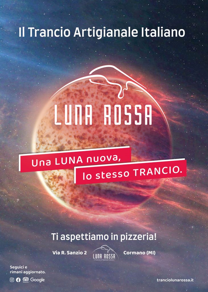 manifesto presentazione nuovo logo pizzeria luna rossa di cormano